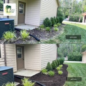 Before and after local Fort Wayne spring cleanup with fresh mulch and edged garden bed.