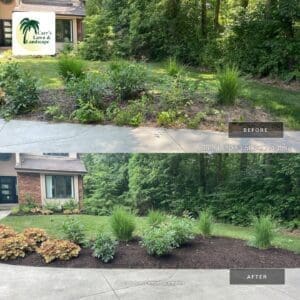 Before and after local Fort Wayne spring cleanup with fresh mulch and tidy landscape bed.