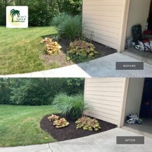Fort Wayne local mulch landscaping before and after, fresh edging and dark mulch.