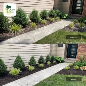 Fort Wayne local spring cleanup with fresh mulch and trimmed shrubs, before and after.