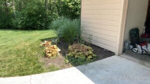 Fort Wayne local spring cleanup with fresh mulch, coral bells, and ornamental grass by garage.