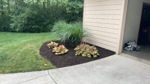 Fresh mulch landscaping bed beside driveway with ornamental plants in Fort Wayne.