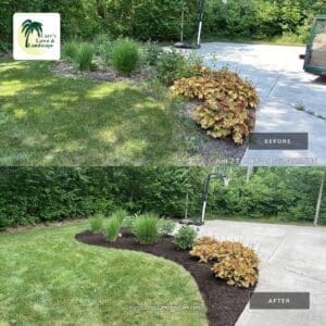 Local Fort Wayne landscaping before and after: fresh mulch, edged garden bed by driveway.