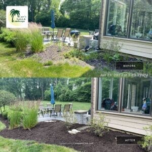 Local Fort Wayne landscaping before-and-after: patio bed edging, pruning, and fresh mulch cleanup.