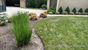 Local Fort Wayne lawn edging and mulch landscaping with ornamental grasses and shrubs.