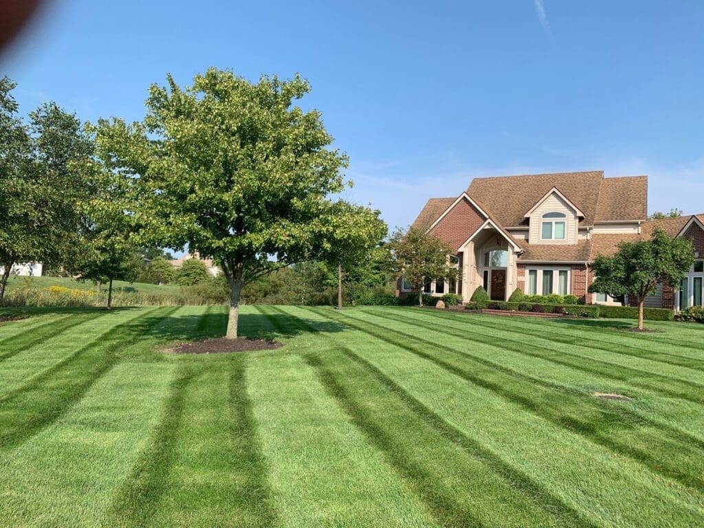Manicured Fort Wayne lawn with mowing stripes, green grass, and suburban home.