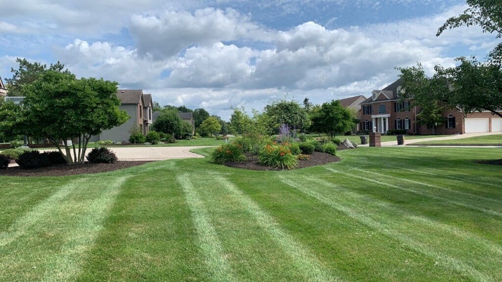 Striped green lawn after mowing and treatment in Fort Wayne suburban neighborhood.