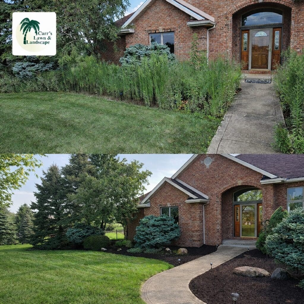 Fort Wayne Front yard landscaping before and after cleanup with mulched beds, shrubs, and trimmed lawn.
