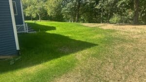 Custom landscape installation with shrubs mulch and lawn for new home