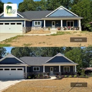 Before and after comparison of new construction lawn and landscape installation in Fort Wayne Indiana
