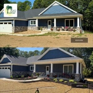 Before and after comparison of new home landscaping and sod installation project