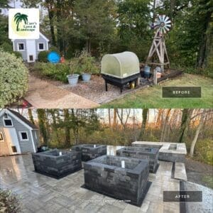 Before and after custom patio and landscape renovation project in Fort Wayne